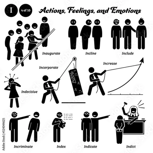 Obraz Stick figure human people man action, feelings, and emotions icons alphabet I. Inaugurate, incline, include, indecisive, incorporate, increase, incriminate, index, indicate, and indict.