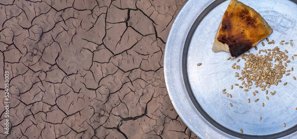 Fototapeta a small piece of bread and cereal grains left on the zinc plate. global famine and drought. drought disaster.