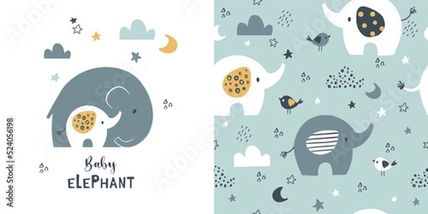 Fototapeta Wzór z małym słoniem i mamą, karta z życzeniami baby shower. Zwierzęta bezszwowe tło, urocza tekstura wektorowa do pościeli dla dzieci, materiał, tapeta, papier, tekstylny, t-shirt wydruk