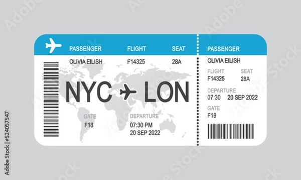 Fototapeta Realistic airline ticket design with flight time and passenger name, vector, illustration.