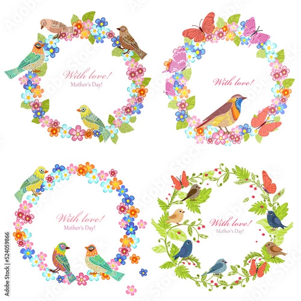 Fototapeta collection of floral wreath with cute birds for your design