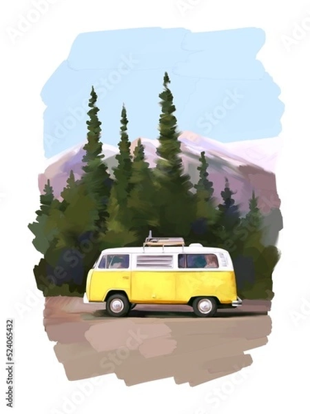 Fototapeta The yellow bus is driving along the road in the forest. road trip illustration hand drawn in digital. use for printing posters and postcards