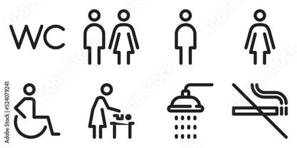 Fototapeta Toilet line icon set. WC sign. Man,woman,shower, mother with baby and handicap symbol. Restroom for male, female, disabled. Vector graphics