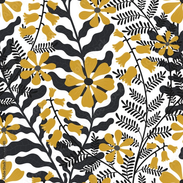 Fototapeta VECTOR SEAMLESS WHITE BACKGROUND WITH YELLOW WEAVING FLOWERS