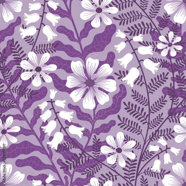 Fototapeta VECTOR SEAMLESS LILAC BACKGROUND WITH WHITE WEAVING FLOWERS