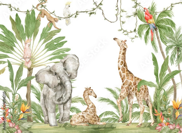 Fototapeta Watercolor composition with African animals and natural elements. Elephant, giraffe, monkeys, parrots, palm trees, flowers. Safari wild creatures. Jungle, tropical illustration for nursery wallpaper