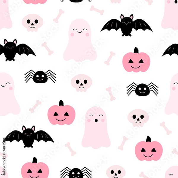 Obraz Seamless pattern cute pink ghosts pumpkin Halloween vector illustration