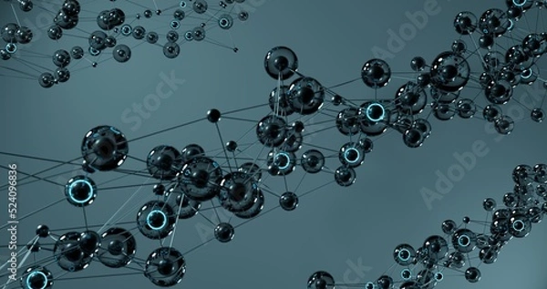 Fototapeta Abstract background design using pattern of interconnected metal particles in bright blue and black color, diagonally lined particle set, gray gradient background, 3d rendering, and 4K size