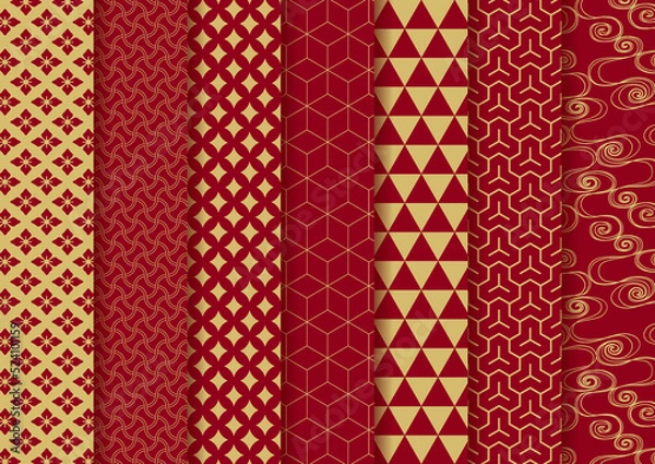 Fototapeta 和柄のシームレスパターンイラストセット（赤と金）