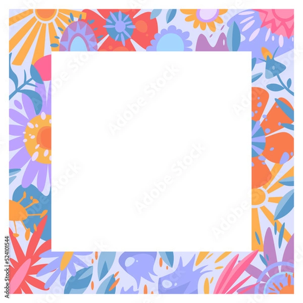Fototapeta Vector photo frame with stylized cute flowers in soft colors