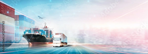 Fototapeta Technology Digital Future of Cargo Containers Logistics Transport Concept, Double Exposure Polygon Wireframe of Container Freight Ship, Truck, Modern futuristic Import Export Transportation Background