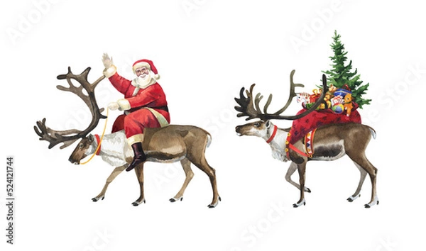 Fototapeta Watercolor santa claus and deer with gifts