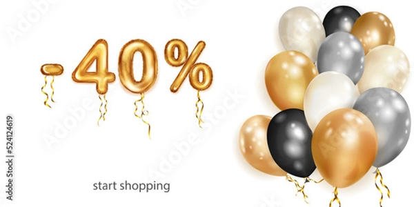 Fototapeta Discount creative illustration with white, black and gold helium flying balloons and golden foil numbers. 40 percent off. Sale poster with special offer on white background