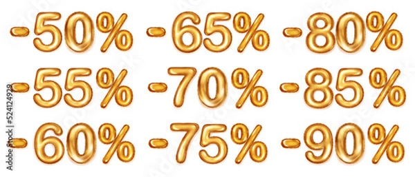 Fototapeta Set of golden foil balloons numbers. Discount for various percentages. For use on sale posters with special offers