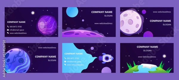 Fototapeta Set of templates for business cards. Abstract shape and planets. Web design. Space exploring. Vector illustration. Template for presentation, banner, flyer. 