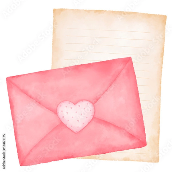 Obraz Pink envelopes with heart sticker and lined paper. Digital watercolor paint.