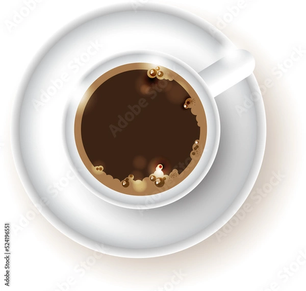 Obraz Hot coffee in a white porcelain mug. Top view. png file.