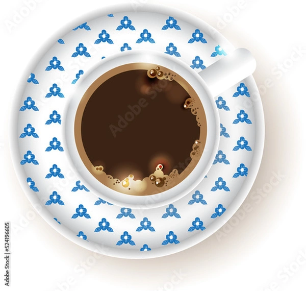Obraz Hot coffee in a blue-patterned white porcelain mug. Top view. png file.