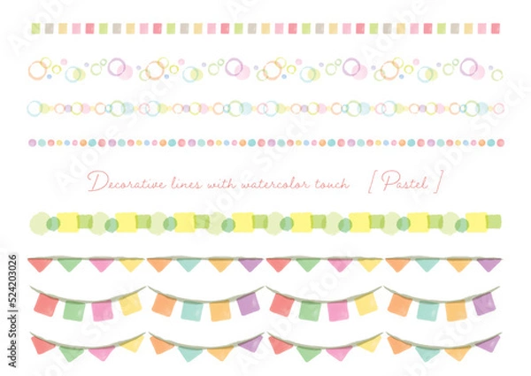 Obraz 旗、ガーランド、水玉、泡、タイル模様のカラフルな水彩タッチライン装飾素材