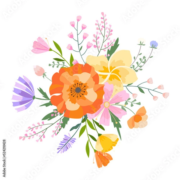 Obraz Vector floral bouquet illustration. Set of leaves, wildflowers, twigs, floral arrangements. Beautiful compositions of field grass and bright spring flowers.