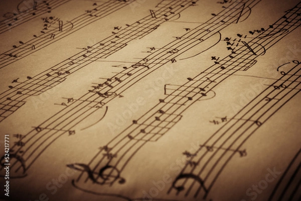 Obraz Old handwritten notes side view close up, music background, selective focus
