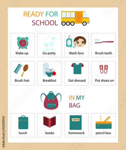 Fototapeta Ready for school Kids Daily Responsibilities Chart, Kids Routine, Chore Chart, Morning Evening Checklist, Daily Task List, Children's Job Poster