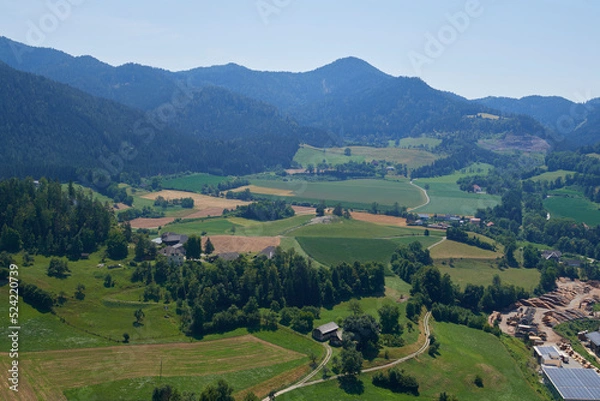 Obraz View green meadow and farm fields, forest in the mountains