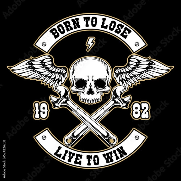 Obraz vintage motorcycle logo with skull, piston and wrench vector illustration