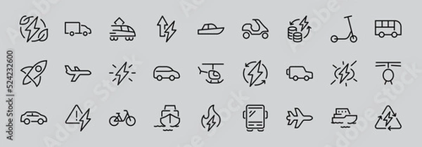 Fototapeta Set of public transport related vector line icons. Contains icons such as bus, bike, suitcase, car, scooter, truck, transport, trolley bus, sailboat, motor boat, plane and much more. Editable stroke