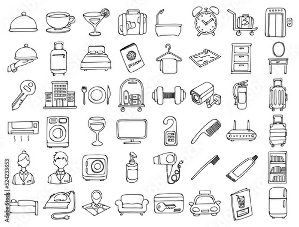 Obraz Hotel Doodle vector icon set. Drawing sketch illustration hand drawn line eps10