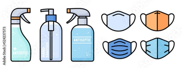 Obraz Icon set of disinfectant, hand antiseptics and protective cloth face masks. Means for the prevention of diseases, germ and virus protection, hand hygiene. Vector illustration in a flat style.