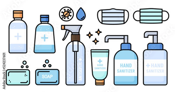 Obraz Icon set of antiseptics, hand soap and protective medical face mask. Spray bottles, dispenser, tube, liquid and gel. Protection against germs and viruses. Crossed out virus icon. Vector illustration.