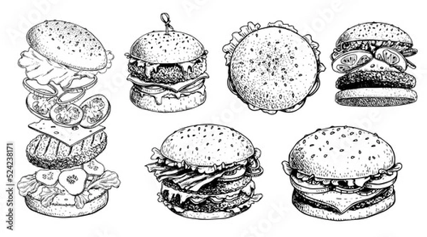 Fototapeta Hand drawn sketch style burgers set. Different types of fast food. Burger with flying ingredients. Vector illustrations isolated on white background.