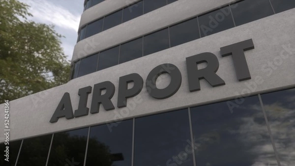 Fototapeta Airport sign on a modern skyscraper. Airport terminal building. 3d illustration