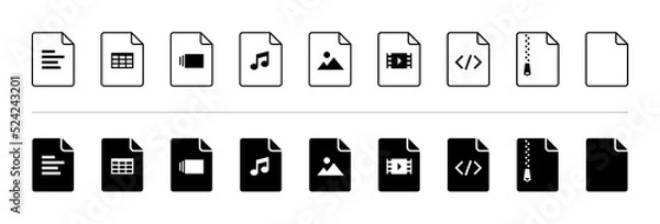 Fototapeta Document file type icons, black and white flat iconset