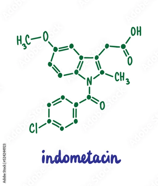 Fototapeta Indometacin hand drawn vector formula chemical structure lettering blue green