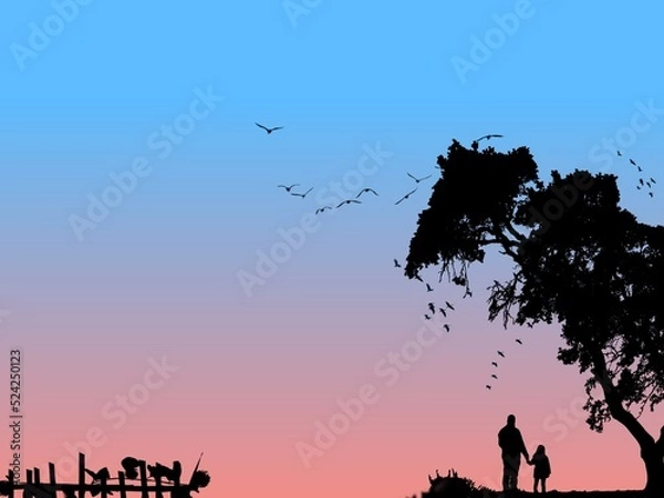 Fototapeta background color gradation, with silhouette motifs of trees, birds, and people