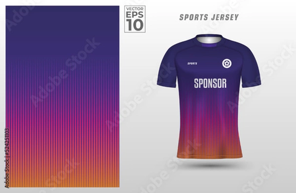 Fototapeta Gradient orange pink blue t-shirt sport design template with stripe line pattern for soccer jersey. Sport uniform in front view. Tshirt mock up for sport club. Vector Illustration