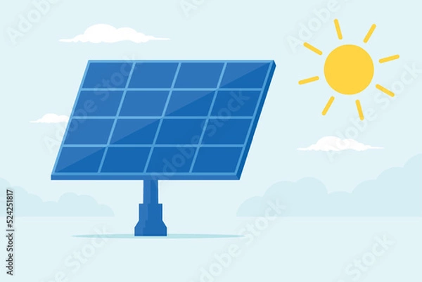 Fototapeta Renewable energy concept. Vector illustration of solar panel and yellow sun in the background. Flat design style. 