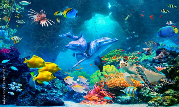 Fototapeta Underwater world with reefs and dolphins. Digital collage. Photo wallpapers.