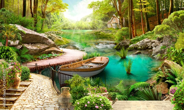 Fototapeta A boat in the pond by the terrace, a beautiful house in the forest.