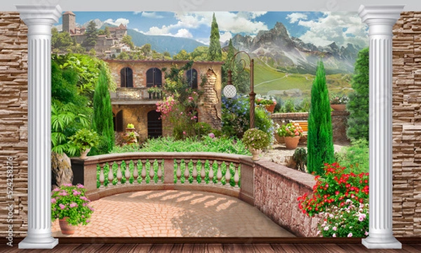 Fototapeta Photo wallpapers. Collage with a view from the balcony to the mountain village.