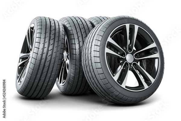 Fototapeta Set of four new car wheels with new tires.3D render