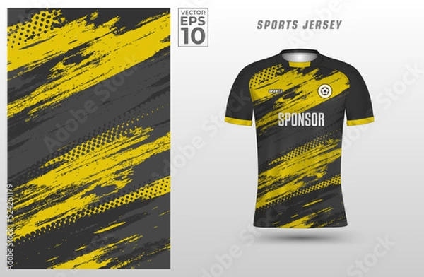 Fototapeta Black yellow t-shirt sport design template with abstract grunge textured pattern for soccer jersey. Sport uniform in front view. Tshirt mock up for sport club. Vector Illustration