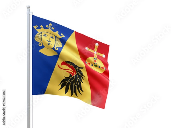Fototapeta Stockholms (county in Sweden) flag waving on white background, close up, isolated. 3D render