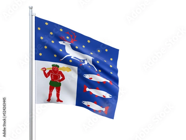 Fototapeta Vasterbottens (county in Sweden) flag waving on white background, close up, isolated. 3D render