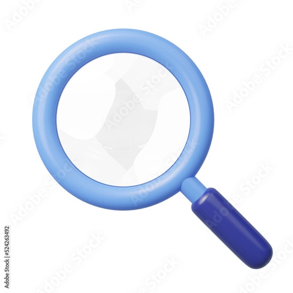 Obraz 3D icon search. Magnifying glass lens for zoom isolated on blue background. Browser search, find, discovery, research, inspection concept. Business cartoon icon minimal style. 3d render illustration.