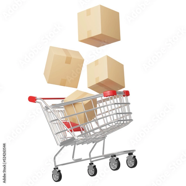 Obraz Brown box fell into shopping cart floating isolated on blue background. 3d Shop trolley realistic. Marketing online, E commerce, store app concept. Business cartoon style concept. 3d icon rendering.