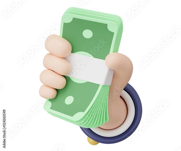 Obraz 3D Hand holding bundle banknote icon. Cartoon businessman wearing suit hold cash money floating isolated on blue background. Money saving, shopping online payment concept. 3d Cartoon minimal render