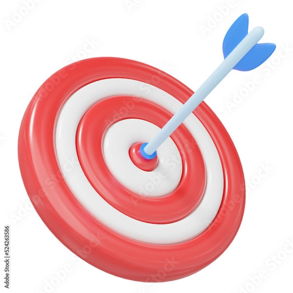 Obraz 3d blue arrow in red bullseye with shadow. Target landing web page. Business finance, Marketing goal success, target achievement concept. cartoon icon minimal. 3d render with clipping path.